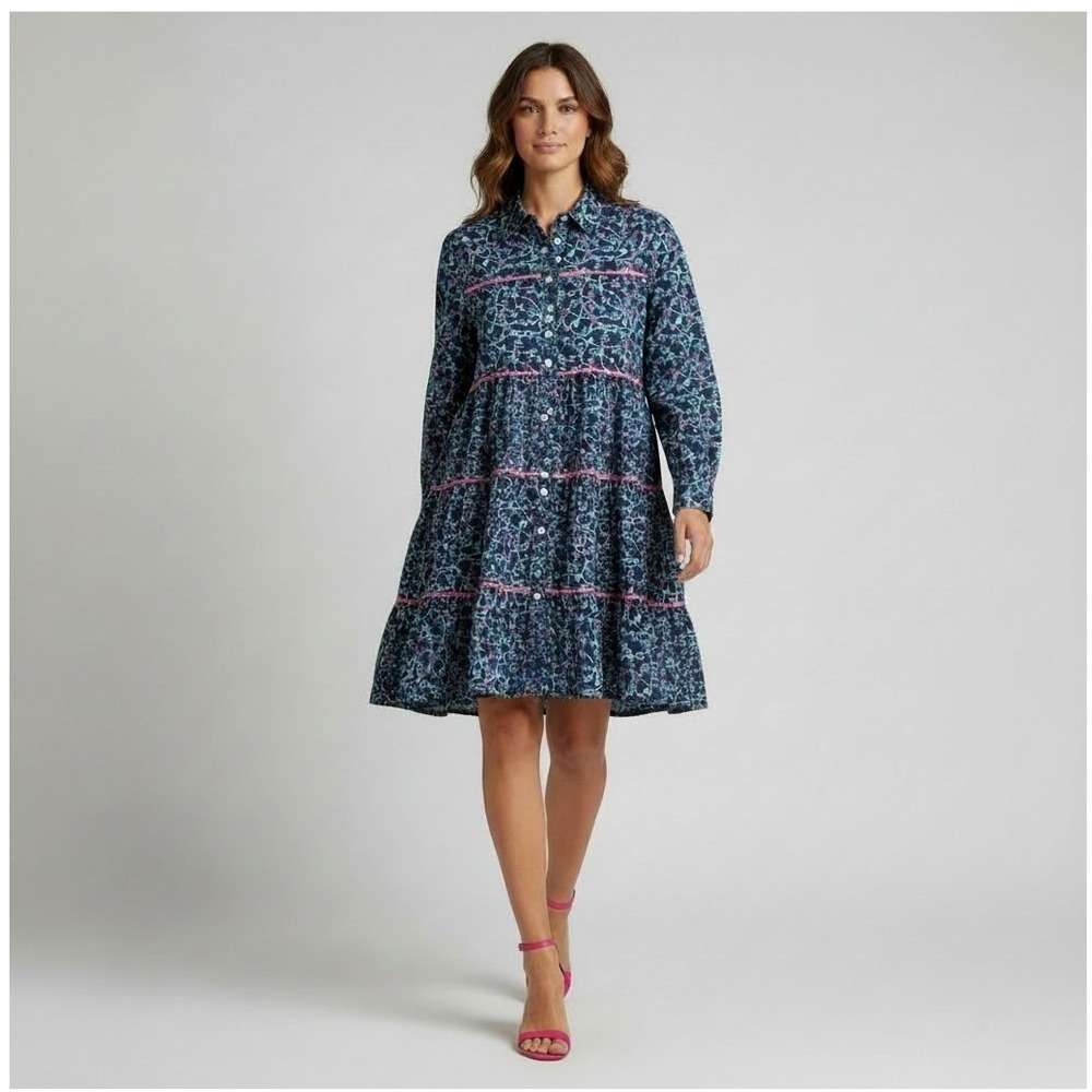 Simply Southern Tiered Dress Women L Navy Blue Floral Bow Mini Elegant Boho